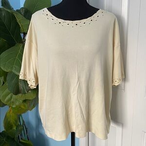 J.Jill 1W 100% Cotton Soft Yellow Floral Detailed Short Sleeve Shirt